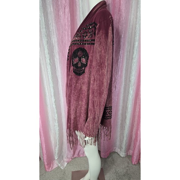 Vocal Skull Crystal Maroon Aztec Fringe Cotton Cardigan Jacket Size Medium - Picture 8 of 16